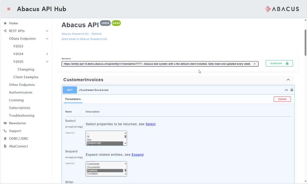 Test the Abacus API with the online swagger documentation.